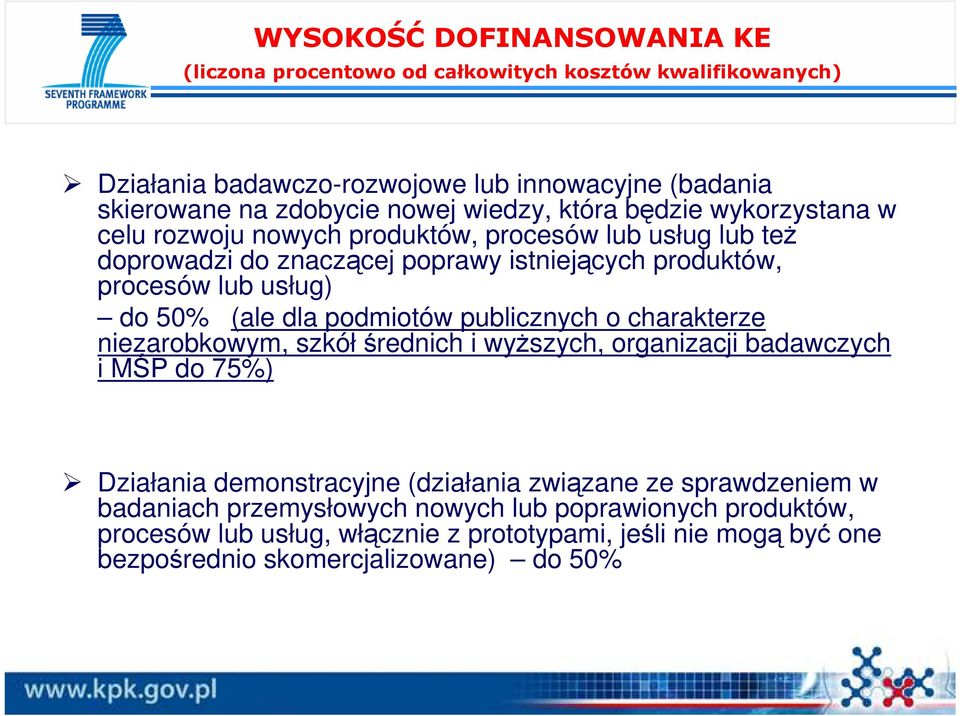 50% (ale dla podmiotów publicznych o charakterze niezarobkowym, szkółśrednich i wyŝszych, organizacji badawczych i MŚP do 75%) Działania demonstracyjne (działania związane ze