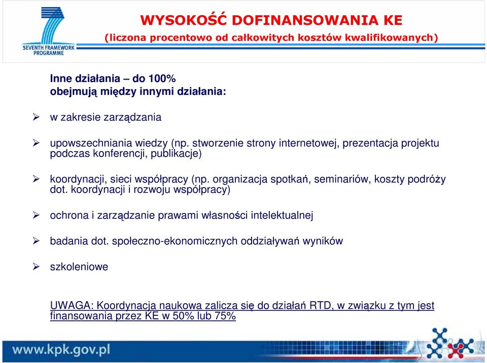 organizacja spotkań, seminariów, koszty podróŝy dot. koordynacji i rozwoju współpracy) ochrona i zarządzanie prawami własności intelektualnej badania dot.