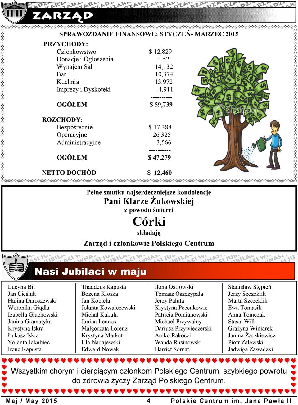 powodu śmierci Córki składają Zarząd i członkowie Polskiego Centrum Nasi Jubilaci w maju Lucyna Bil Jan Cieśluk Halina Daroszewski Weronika Giądla Izabella Głuchowski Janina Gramatyka Krystyna Iskra