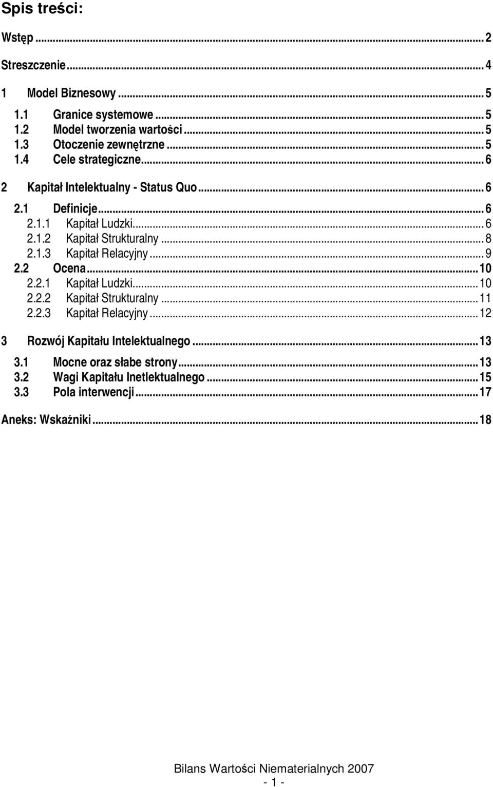 .. 8 2.1.3 Kapitał Relacyjny... 9 2.2 Ocena...10 2.2.1 Kapitał Ludzki...10 2.2.2 Kapitał Strukturalny...11 2.2.3 Kapitał Relacyjny...12 3 Rozwój Kapitału Intelektualnego.