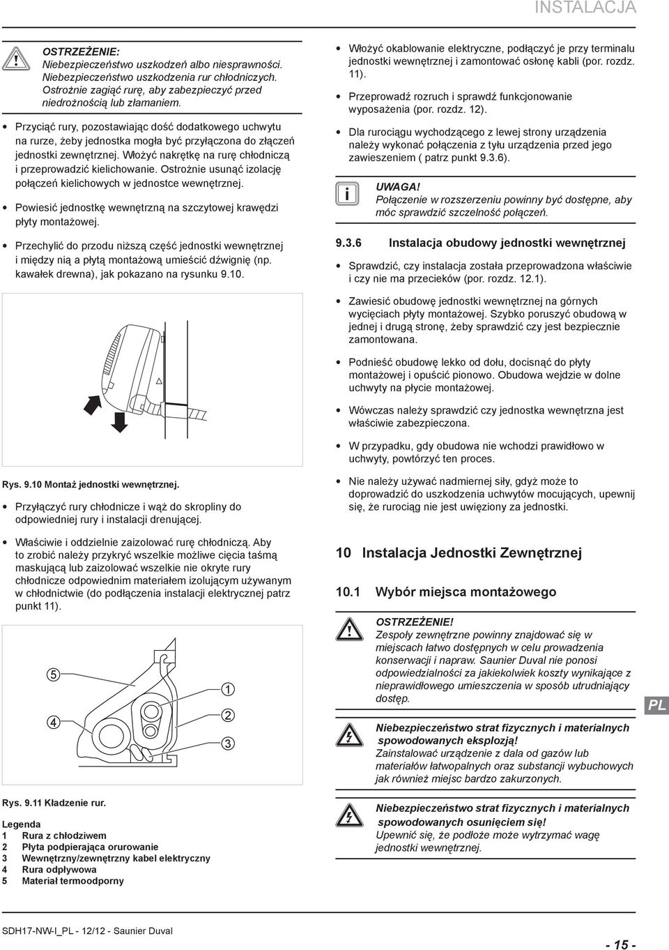 Ostrożnie usunąć izolcję połączeń kielichowych w jednostce wewnętrznej. Powiesić jednostkę wewnętrzną n szczytowej krwędzi płyty montżowej.