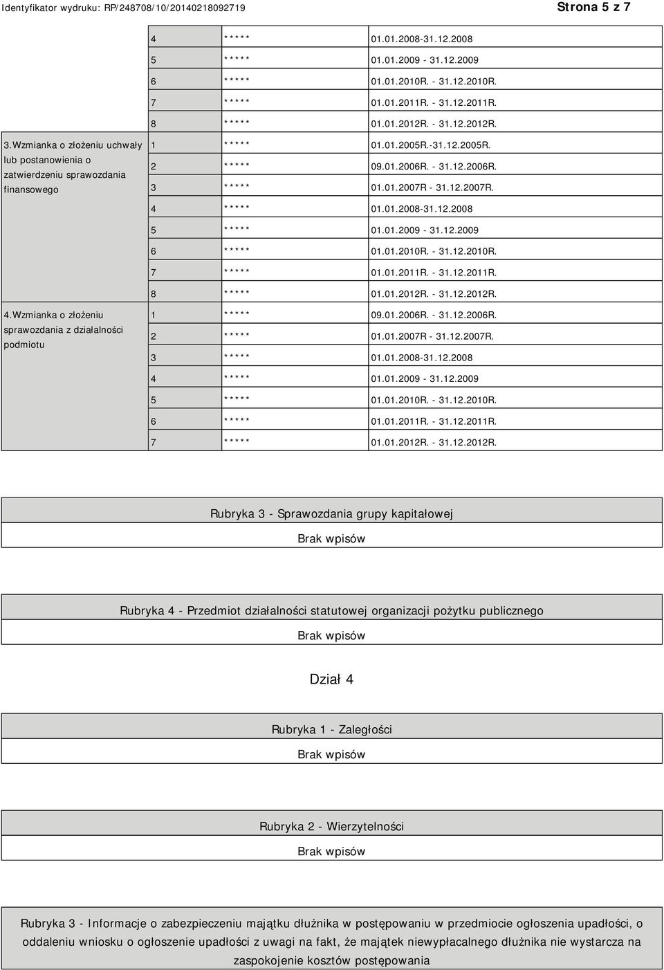 01.2011R. - 31.12.2011R. 8 ***** 01.01.2012R. - 31.12.2012R. 4.Wzmianka o złożeniu sprawozdania z działalności podmiotu 1 ***** 09.01.2006R. - 31.12.2006R. 2 ***** 01.01.2007R - 31.12.2007R. 3 ***** 01.