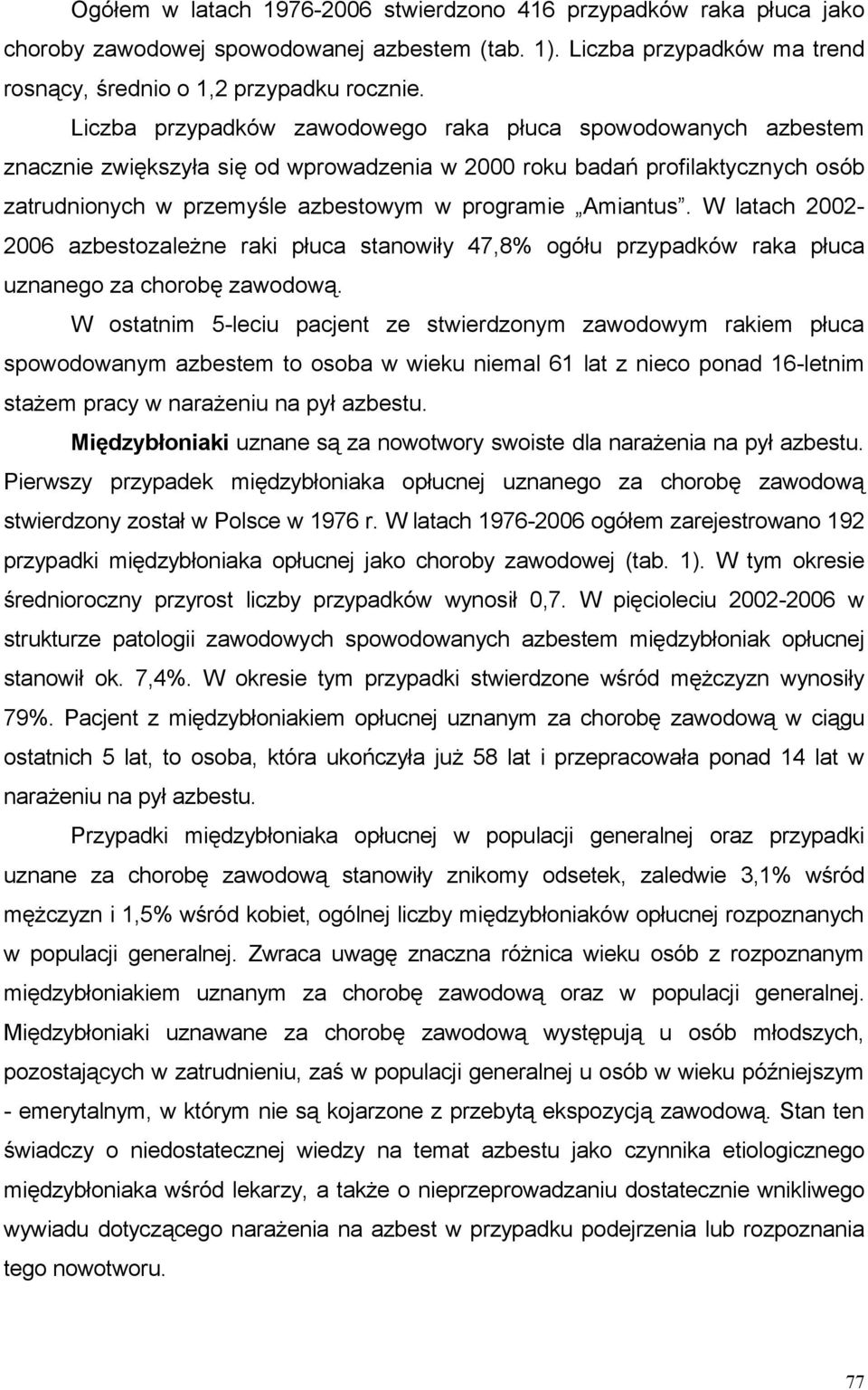 Amiantus. W latach 2002-2006 azbestozależne raki płuca stanowiły 47,8% ogółu przypadków raka płuca uznanego za chorobę zawodową.