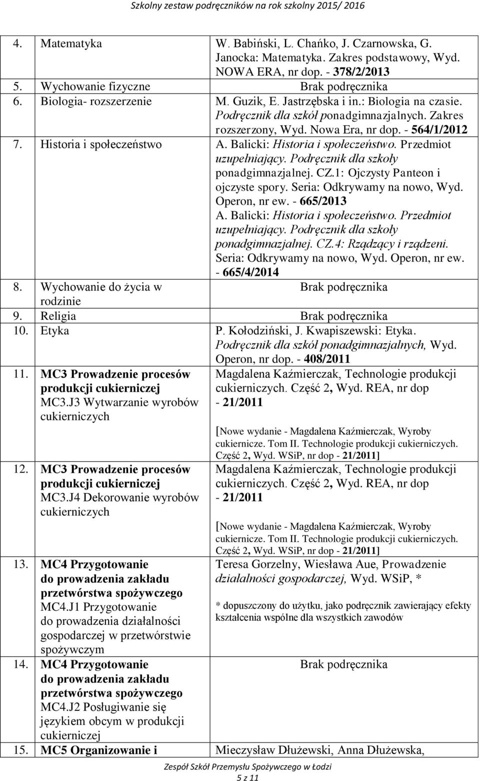 Podręcznik dla szkoły ponadgimnazjalnej. CZ.1: Ojczysty Panteon i ojczyste spory. Seria: Odkrywamy na nowo, Wyd. Operon, nr ew. - 665/2013 A. Balicki: Historia i społeczeństwo.