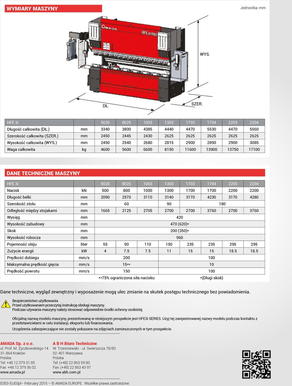 ) mm 2450 2540 2680 2815 2900 2890 2900 3085 Waga całkowita kg 4600 5600 6600 8150 11600 13900 13750 17100 DANE TECHNICZNE MASZYNY HFE 3i 5020 8025 1003 1303 1703 1704 2203 2204 Nacisk kn 500 800