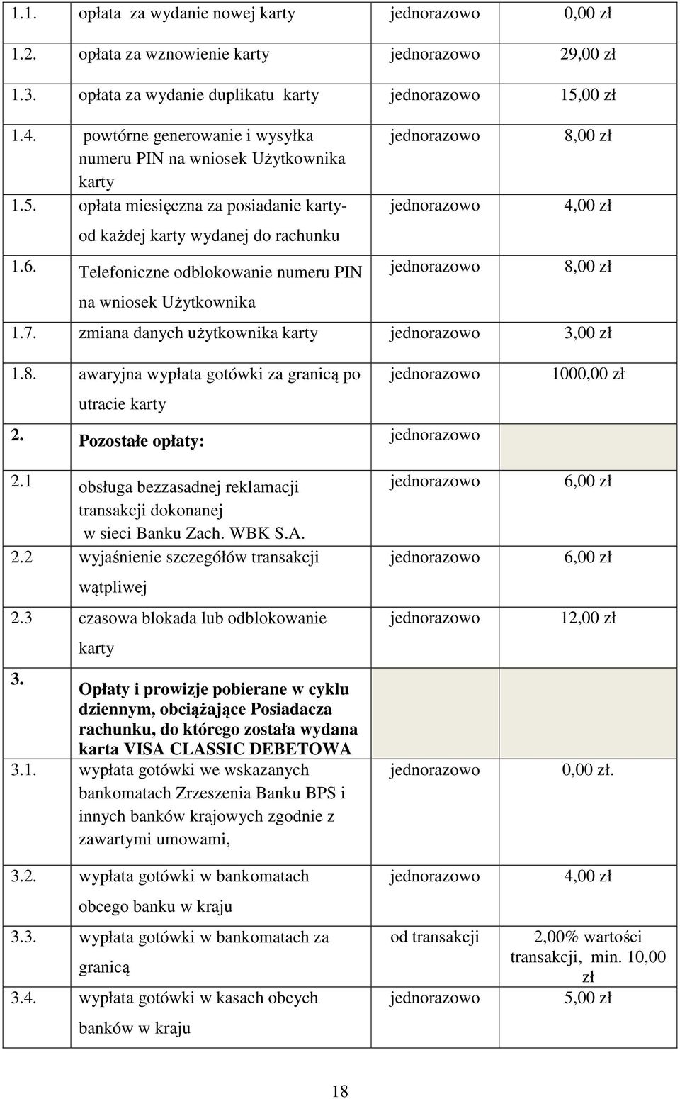 Telefoniczne odblokowanie numeru PIN 8,00 zł 4,00 zł 8,00 zł na wniosek Użytkownika 1.7. zmiana danych użytkownika karty 3,00 zł 1.8. awaryjna wypłata gotówki za granicą po utracie karty 2.