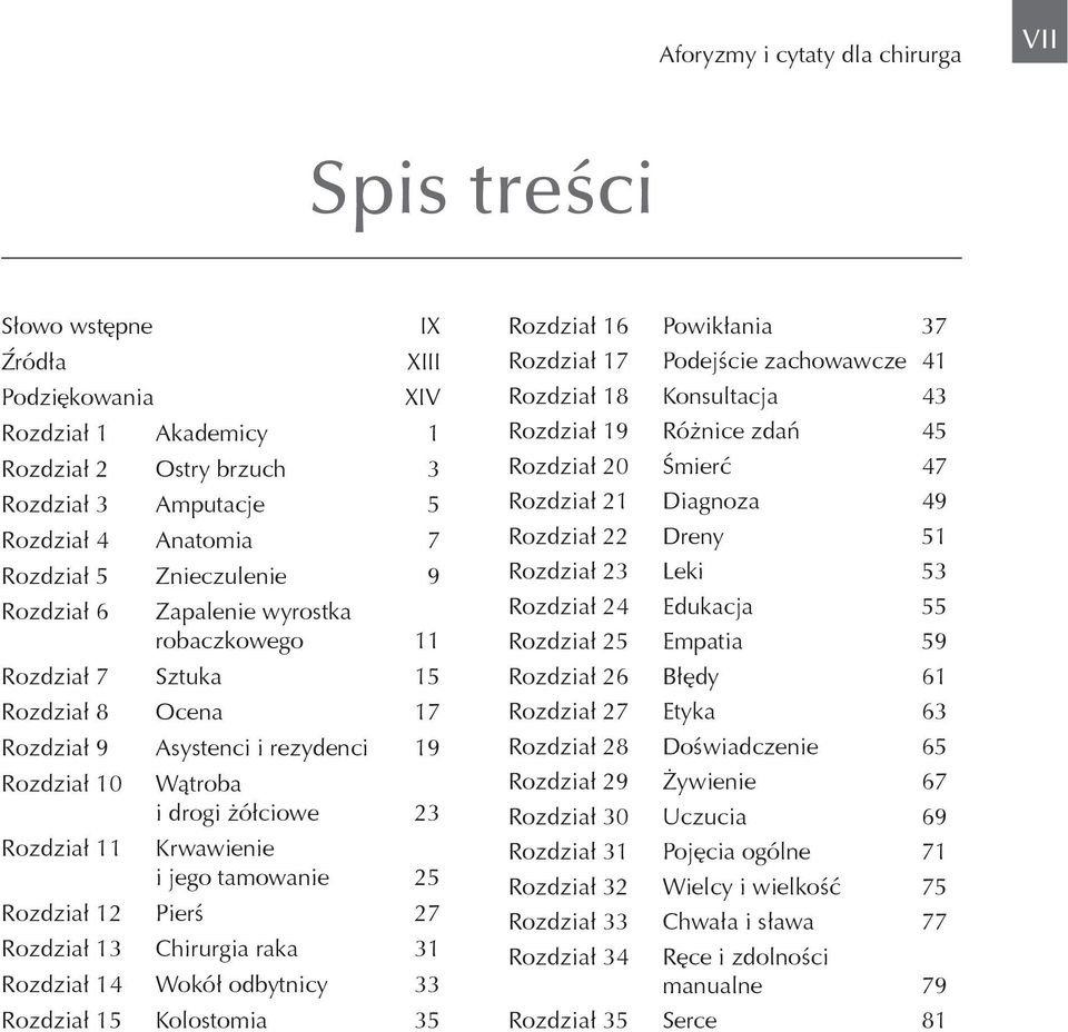 Krwawienie i jego tamowanie 25 Rozdział 12 Pierś 27 Rozdział 13 Chirurgia raka 31 Rozdział 14 Wokół odbytnicy 33 Rozdział 15 Kolostomia 35 Rozdział 16 Powikłania 37 Rozdział 17 Podejście zachowawcze