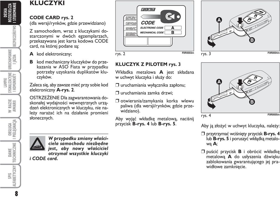 kod mechaniczny kluczyków do przekazania w ASO Fiata w przypadku potrzeby uzyskania duplikatów kluczyków. Zaleca się, aby zawsze mieć przy sobie kod elektroniczny A-rys. 2.