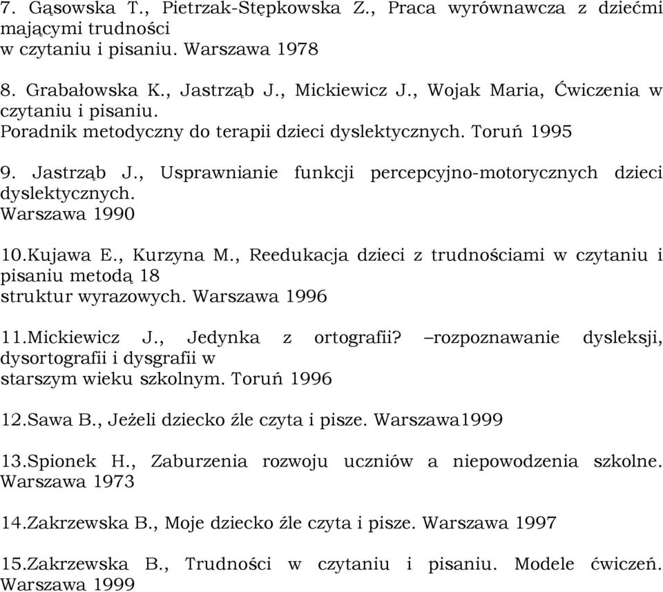 Warszawa 1990 10.Kujawa E., Kurzyna M., Reedukacja dzieci z trudnościami w czytaniu i pisaniu metodą 18 struktur wyrazowych. Warszawa 1996 11.Mickiewicz J., Jedynka z ortografii?