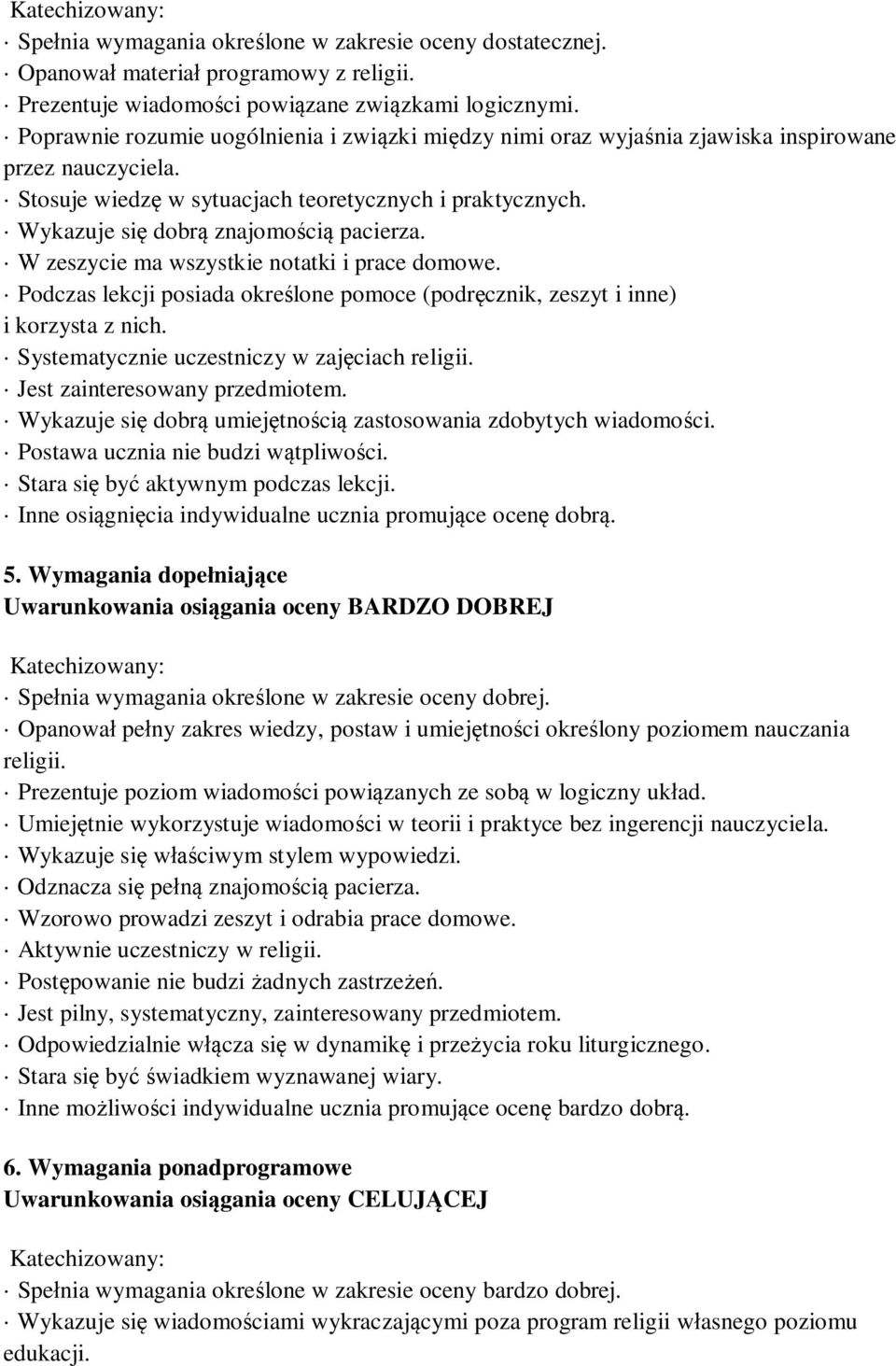 Wykazuje się dobrą znajomością pacierza. W zeszycie ma wszystkie notatki i prace domowe. Podczas lekcji posiada określone pomoce (podręcznik, zeszyt i inne) i korzysta z nich.
