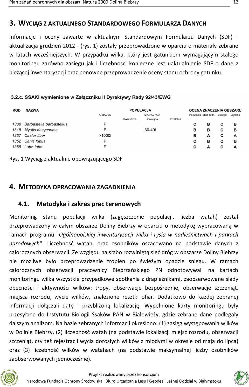 W przypadku wilka, który jest gatunkiem wymagającym stałego monitoringu zarówno zasięgu jak i liczebności konieczne jest uaktualnienie SDF o dane z bieżącej inwentaryzacji oraz ponowne