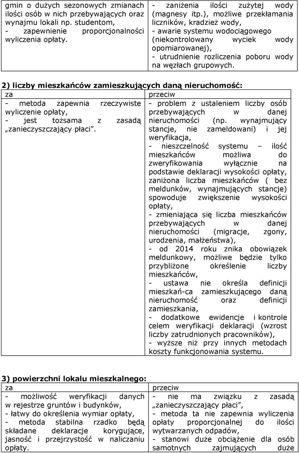 2) liczby mieszkańców zamieszkujących daną nieruchomość: za przeciw - metoda zapewnia rzeczywiste - problem z ustaleniem liczby osób wyliczenie opłaty, przebywających w danej - jest tożsama z zasadą