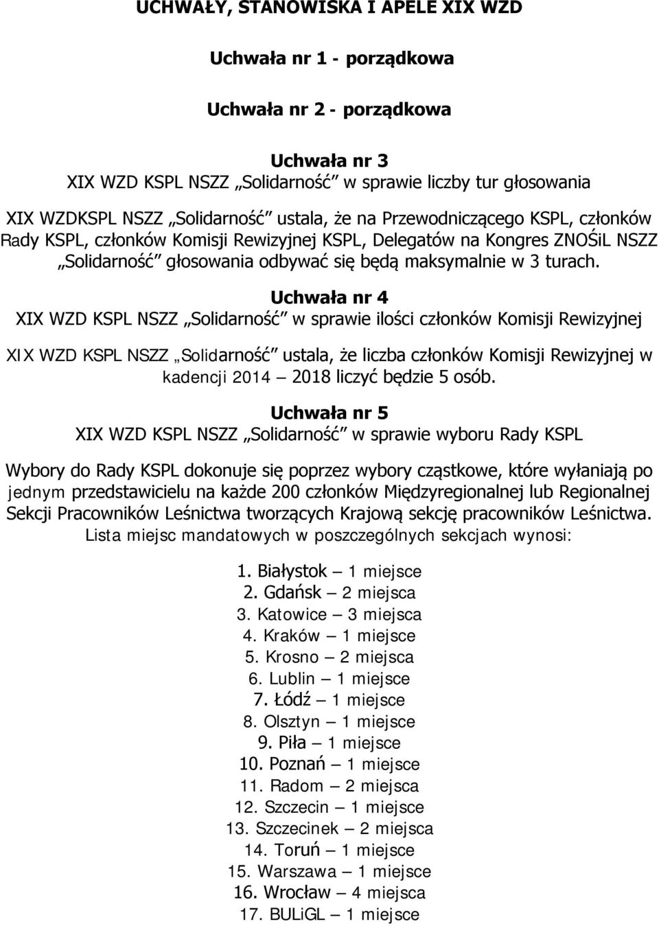 Uchwała nr 4 XIX WZD KSPL NSZZ Solidarność w sprawie ilości członków Komisji Rewizyjnej XIX WZD KSPL NSZZ Solidarność ustala, że liczba członków Komisji Rewizyjnej w kadencji 2014 2018 liczyć będzie