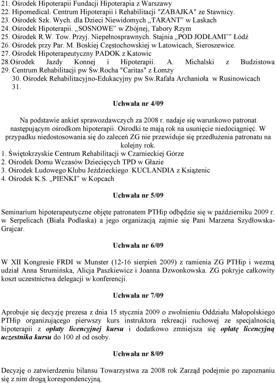 Boskiej Częstochowskiej w Latowicach, Sieroszewice. 27. Ośrodek Hipoterapeutyczny PADOK z Katowic 28.Ośrodek Jazdy Konnej i Hipoterapii. A. Michalski z Budzistowa 29. Centrum Rehabilitacji pw Św.