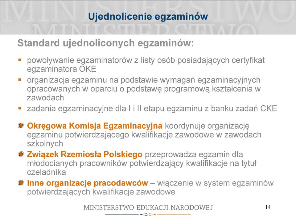 Okręgowa Komisja Egzaminacyjna koordynuje organizację egzaminu potwierdzającego kwalifikacje zawodowe w zawodach szkolnych Związek Rzemiosła Polskiego przeprowadza