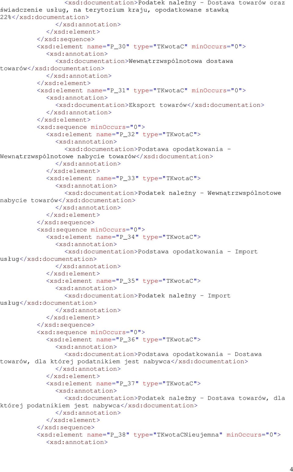 name="p_32" type="tkwotac"> <xsd:documentation>podstawa opodatkowania - Wewnątrzwspólnotowe nabycie towarów</xsd:documentation> <xsd:element name="p_33" type="tkwotac"> <xsd:documentation>podatek