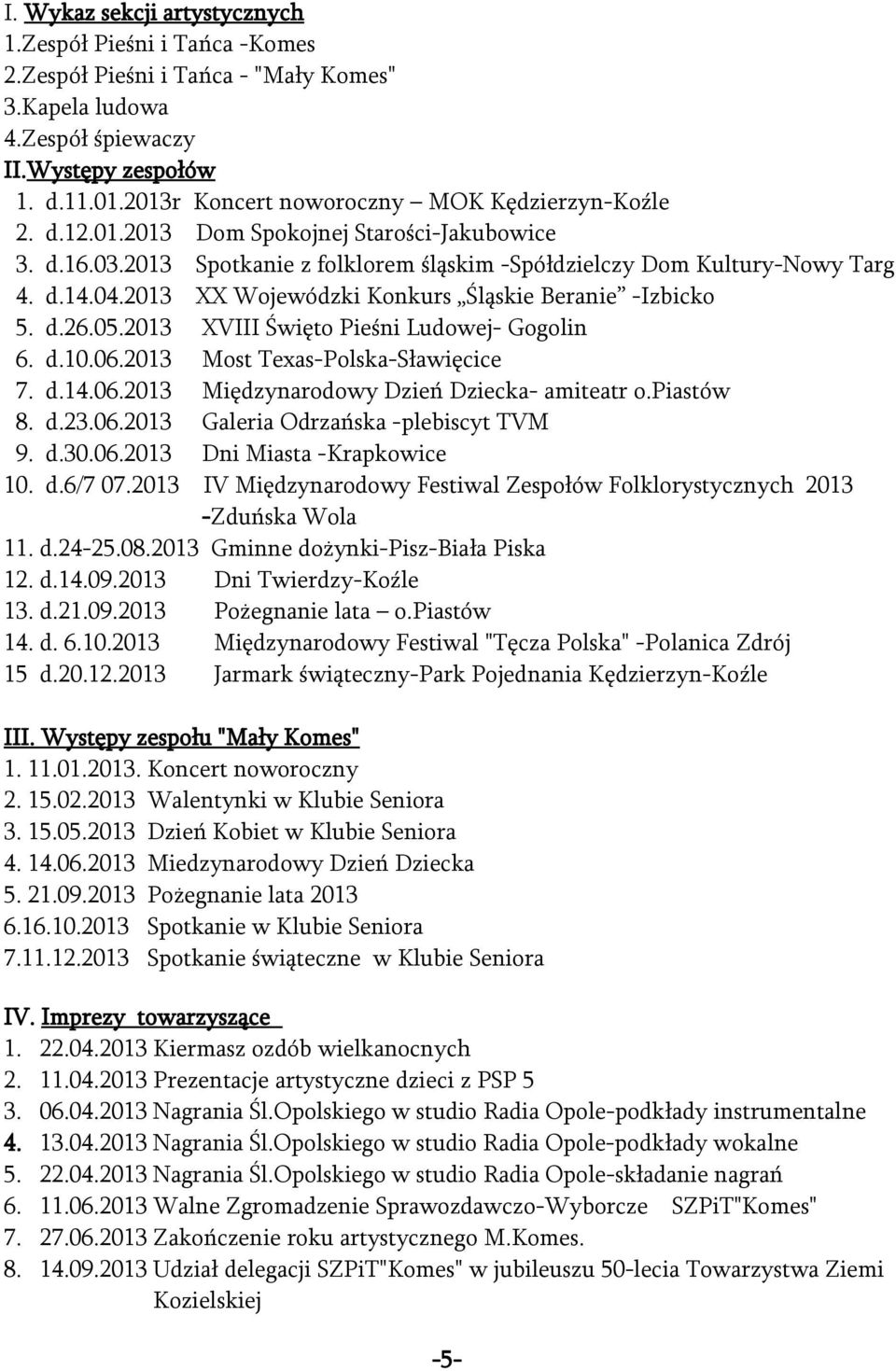 2013 XX Wojewódzki Konkurs Śląskie Beranie -Izbicko 5. d.26.05.2013 XVIII Święto Pieśni Ludowej- Gogolin 6. d.10.06.2013 Most Texas-Polska-Sławięcice 7. d.14.06.2013 Międzynarodowy Dzień Dziecka- amiteatr o.