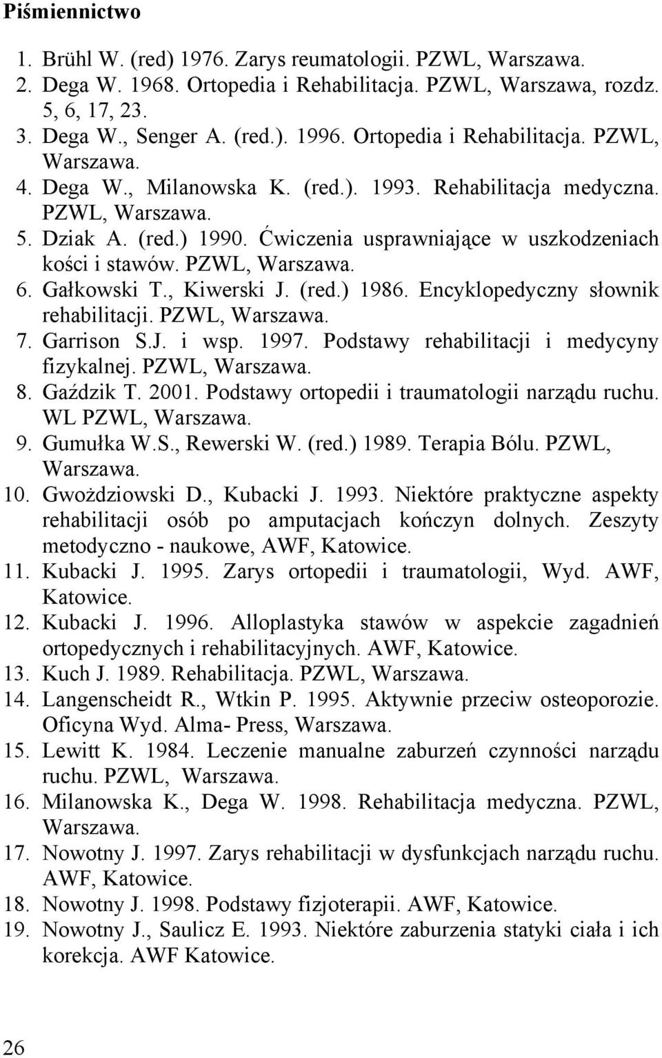 Ćwiczenia usprawniające w uszkodzeniach kości i stawów. PZWL, Warszawa. 6. Gałkowski T., Kiwerski J. (red.) 1986. Encyklopedyczny słownik rehabilitacji. PZWL, Warszawa. 7. Garrison S.J. i wsp. 1997.