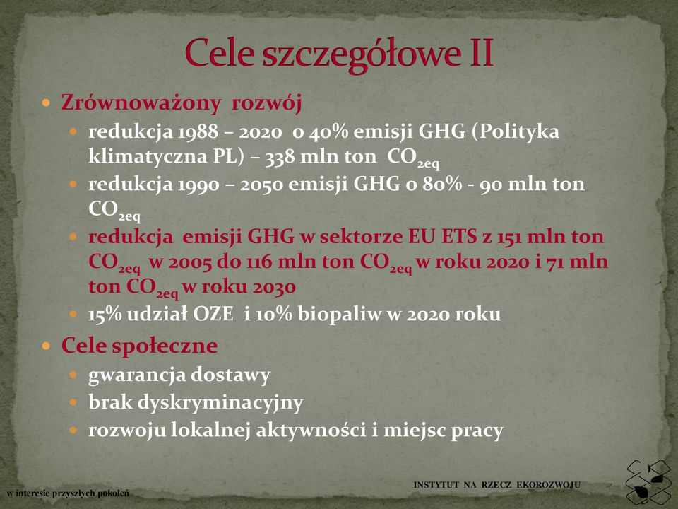 ton CO 2eq w 2005 do 116 mln ton CO 2eq w roku 2020 i 71 mln ton CO 2eq w roku 2030 15% udział OZE i 10%