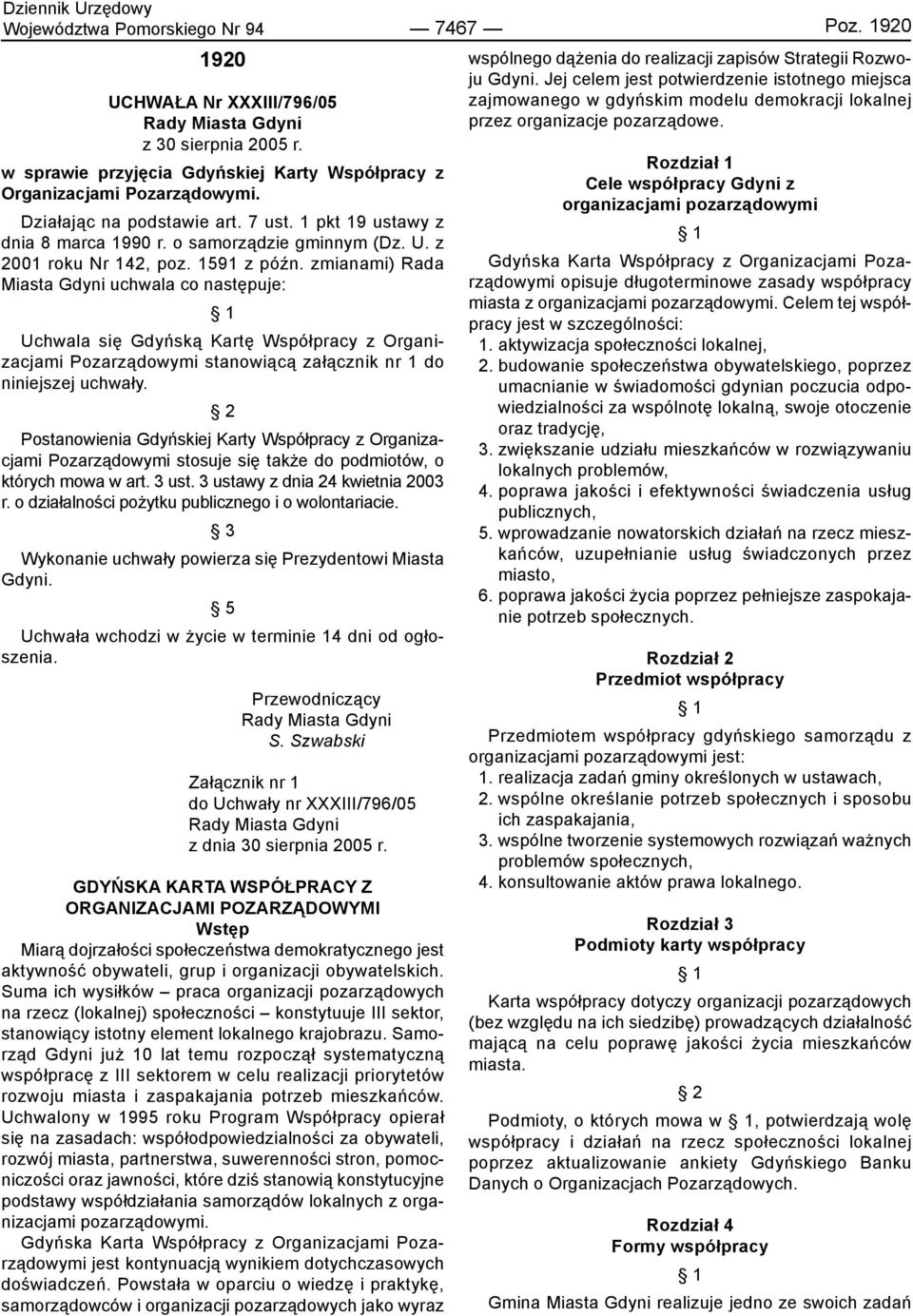 zmianami) Rada Miasta Gdyni uchwala co następuje: Uchwala się Gdyńską Kartę Współpracy z Organizacjami Pozarządowymi stanowiącą załącznik nr 1 do niniejszej uchwały.