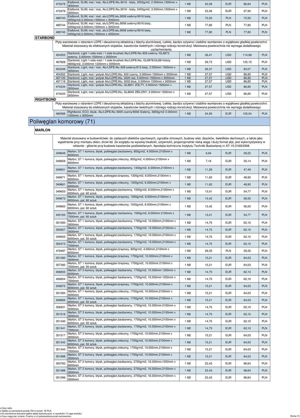 /PE/Al. szczególnym SLIM(64) wskazaniem 470379 na bezpo 1 M2 23,26 EUR 97,92 PLN Etalbond, SLIM, mat / mat, alu/ldpe/alu,9006 srebrny/9016 biały, Płyty kompozytowe płaskich ETALBOND ze Al./PE/Al. szczególnym SLIM(64) wskazaniem 489743 na bezpo 2550g/m2,2.