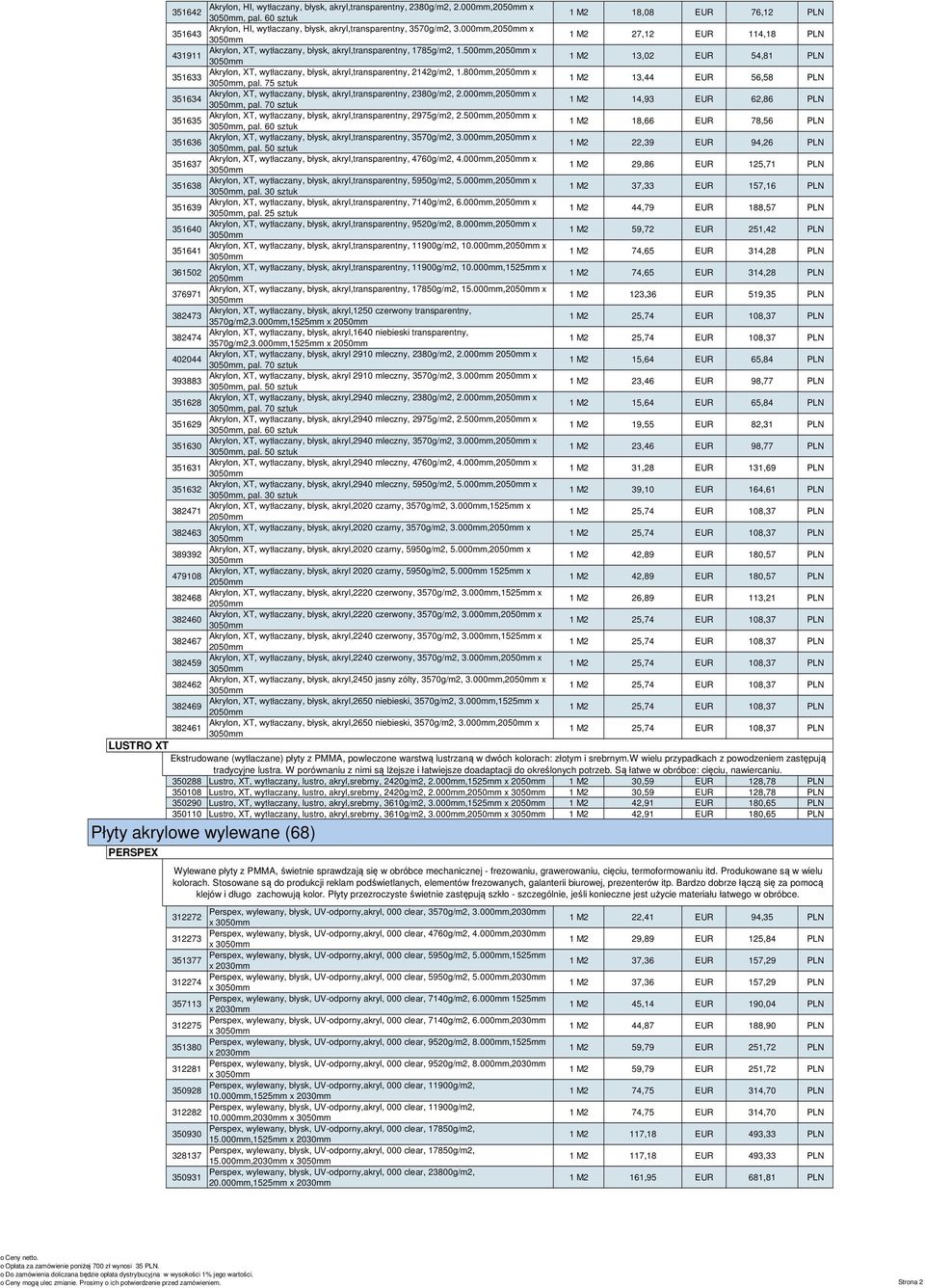 000mm,2050mm x 351643 ekstrudowane (wytłaczane) płyty PMMA stosowane s 1 M2 27,12 EUR 114,18 PLN Akrylon, XT, wytłaczany, błysk, akryl,transparentny, 1785g/m2, 1.