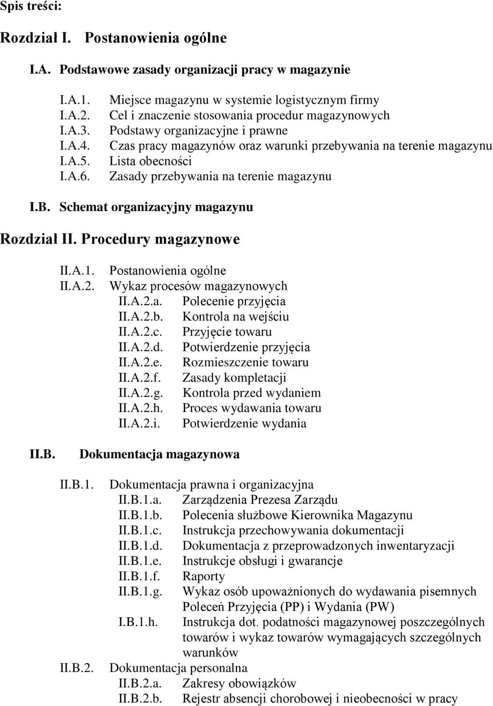 obecności Zasady przebywania na terenie magazynu I.B. Schemat organizacyjny magazynu Rozdział II. Procedury magazynowe II.A.1. II.A.2. Postanowienia ogólne Wykaz procesów magazynowych II.A.2.a. Polecenie przyjęcia II.