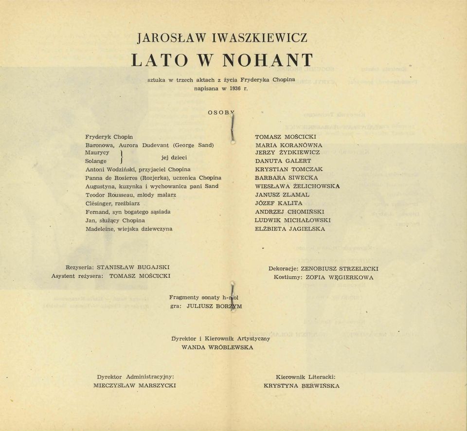 rka), uczeni-ca Chopina Augustyna, kuzynka i wychowanica pani Sand Teodor Rousseau, młody Clesinger, rzeżbiarz malarz Femand, syn bogatego sąsiada Jan, służący Chopina Madeleine, wiejska dziewczyna