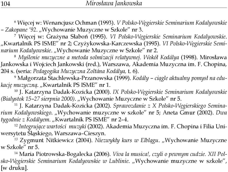 8 Myślenie muzyczne a metoda solmizacji relatywnej. Wokół Kodálya (1998). Mirosława Jankowska i Wojciech Jankowski (red.), Warszawa, Akademia Muzyczna im. F. Chopina, 204 s.