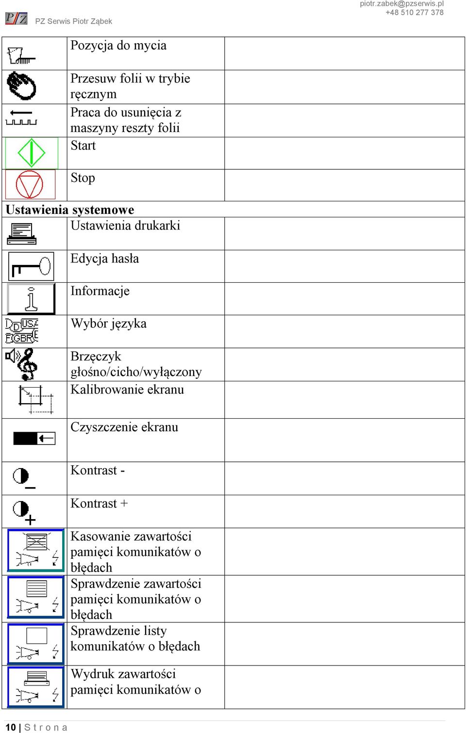 ekranu Czyszczenie ekranu Kontrast - Kontrast + Kasowanie zawartości pamięci komunikatów o błędach Sprawdzenie