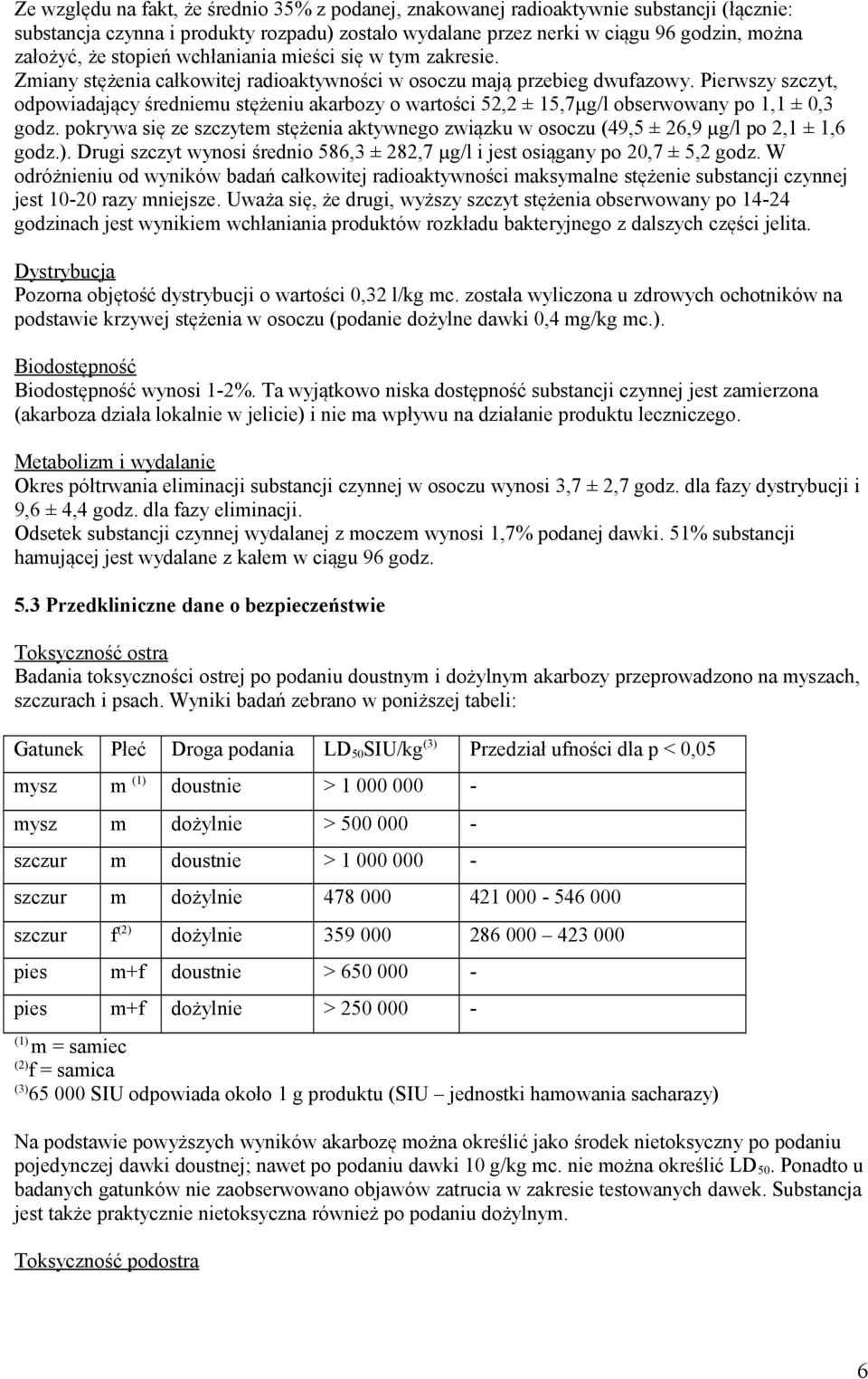 Pierwszy szczyt, odpowiadający średniemu stężeniu akarbozy o wartości 52,2 ± 15,7µg/l obserwowany po 1,1 ± 0,3 godz.