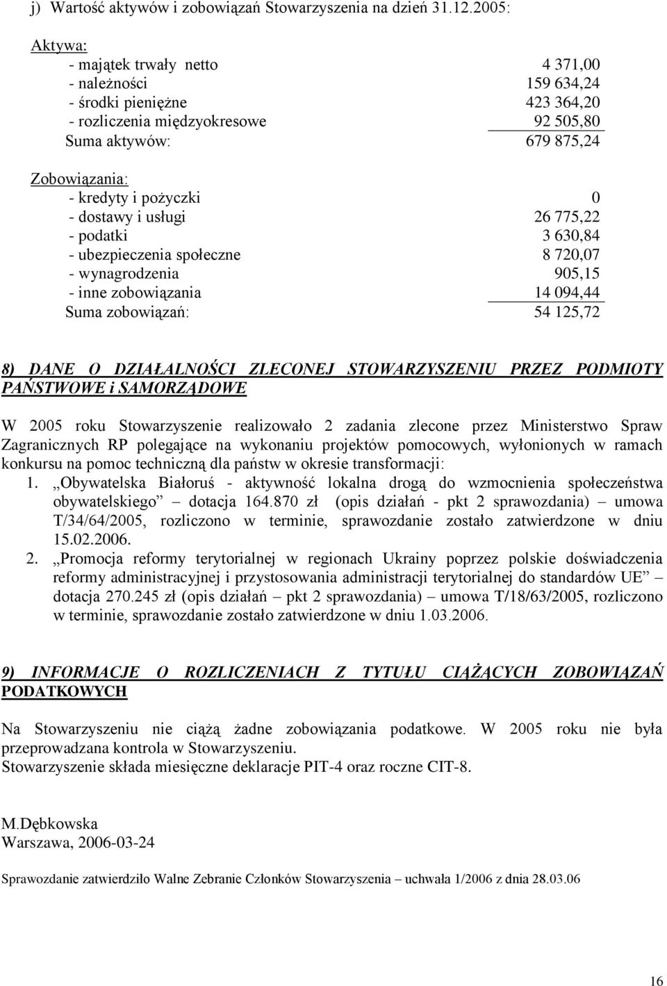 0 - dostawy i usługi 26 775,22 - podatki 3 630,84 - ubezpieczenia społeczne 8 720,07 - wynagrodzenia 905,15 - inne zobowiązania 14 094,44 Suma zobowiązań: 54 125,72 8) DANE O DZIAŁALNOŚCI ZLECONEJ