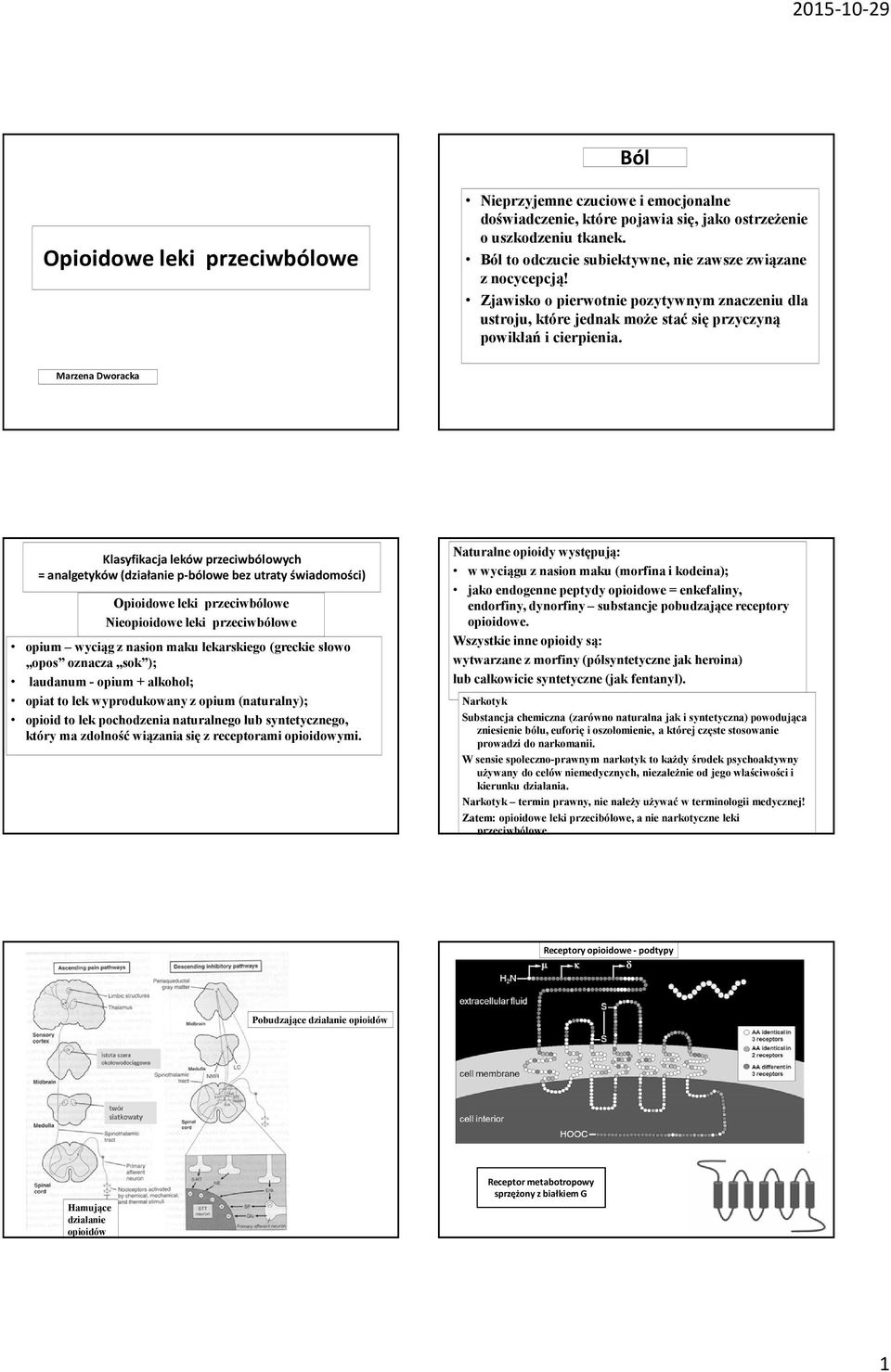 Marzena Dworacka Klasyfikacja leków przeciwbólowych = analgetyków (działanie p-bólowe bez utraty świadomości) Opioidowe leki przeciwbólowe Nieopioidowe leki przeciwbólowe opium wyciąg z nasion maku