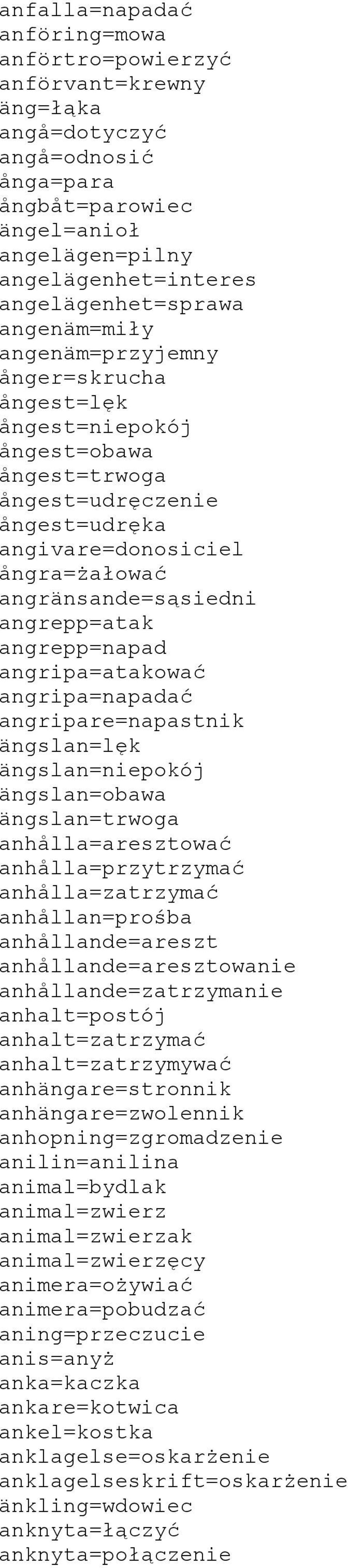 angrepp=napad angripa=atakować angripa=napadać angripare=napastnik ängslan=lęk ängslan=niepokój ängslan=obawa ängslan=trwoga anhålla=aresztować anhålla=przytrzymać anhålla=zatrzymać anhållan=prośba