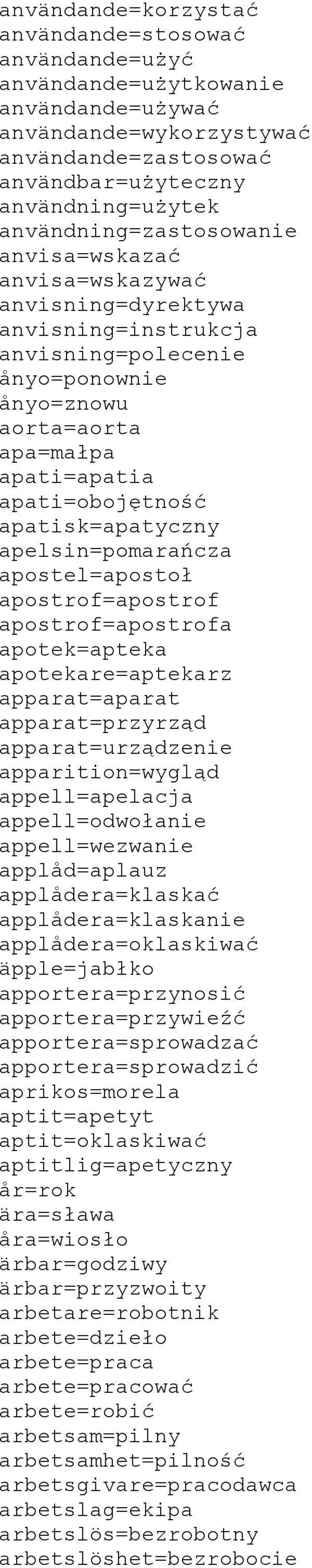 apatisk=apatyczny apelsin=pomarańcza apostel=apostoł apostrof=apostrof apostrof=apostrofa apotek=apteka apotekare=aptekarz apparat=aparat apparat=przyrząd apparat=urządzenie apparition=wygląd