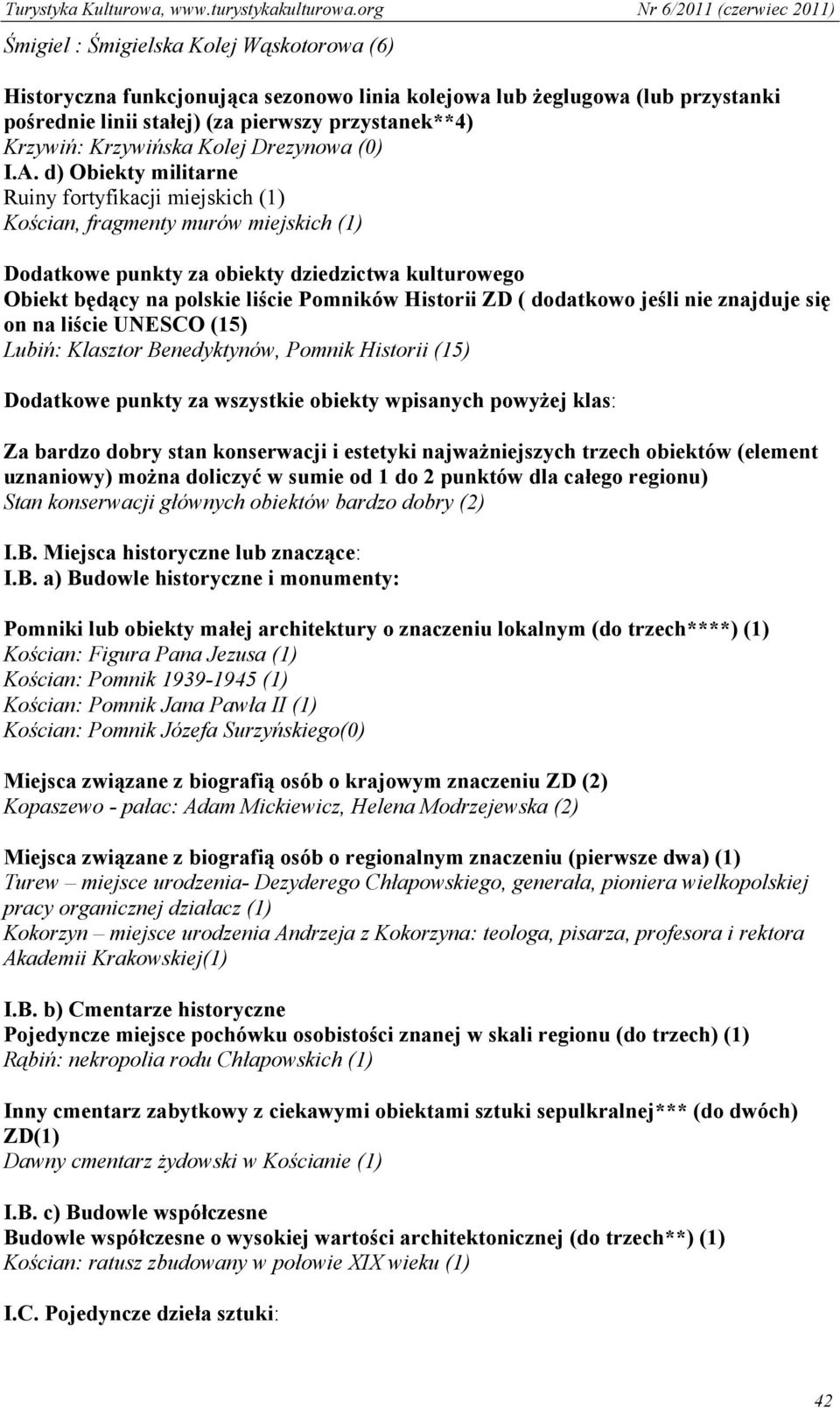 d) Obiekty militarne Ruiny fortyfikacji miejskich (1) Kościan, fragmenty murów miejskich (1) Dodatkowe punkty za obiekty dziedzictwa kulturowego Obiekt będący na polskie liście Pomników Historii ZD (