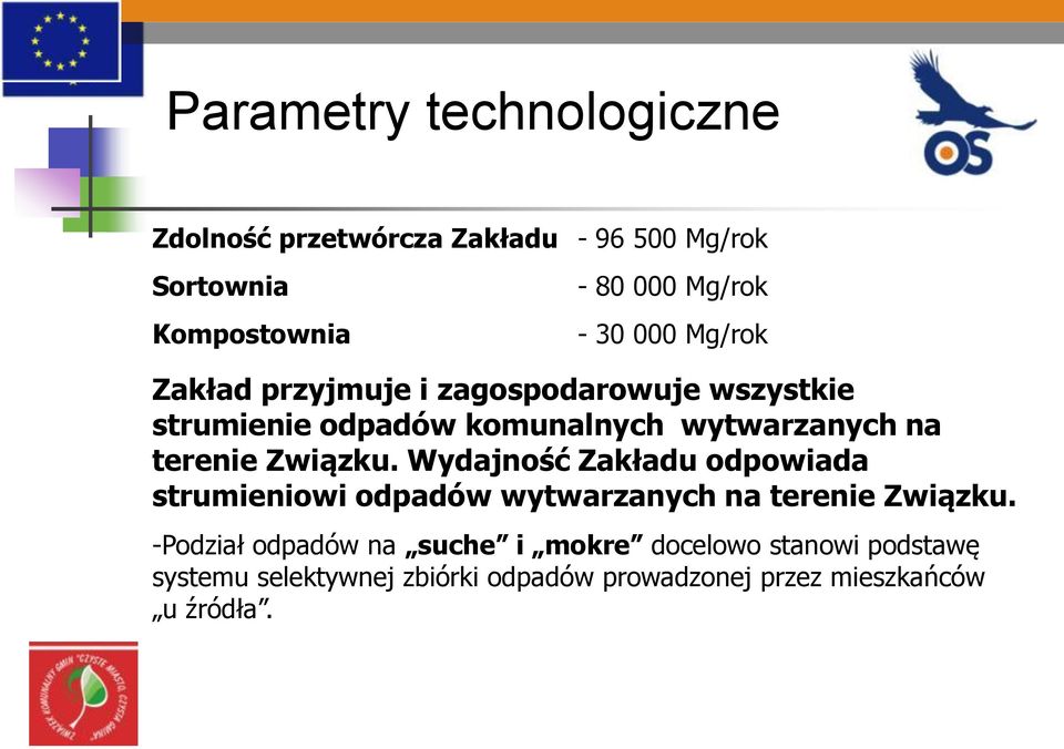 terenie Związku. Wydajność Zakładu odpowiada strumieniowi odpadów wytwarzanych na terenie Związku.