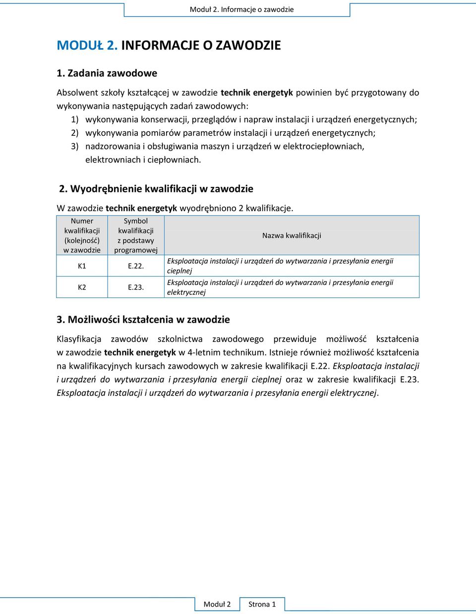 Numer kwalifikacji w zawodzie K1 K2 Symbol kwalifikacji z podstawy programowej E.22. E.23.