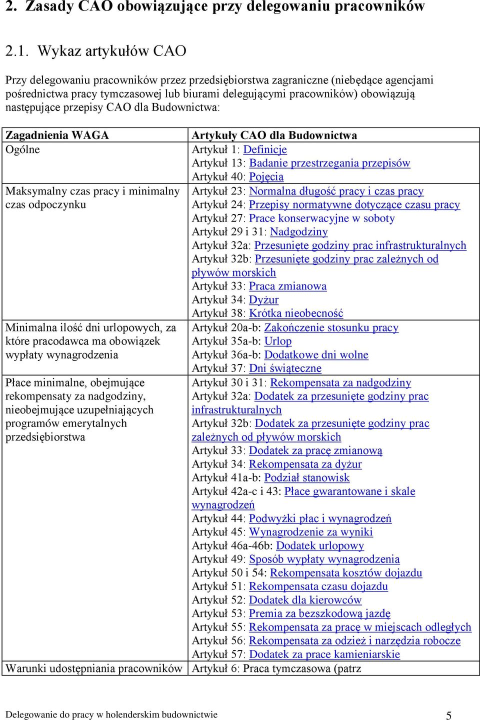 przepisy CAO dla Budownictwa: Zagadnienia WAGA Artykuły CAO dla Budownictwa Ogólne Artykuł 1: Definicje Artykuł 13: Badanie przestrzegania przepisów Artykuł 40: Pojęcia Maksymalny czas pracy i