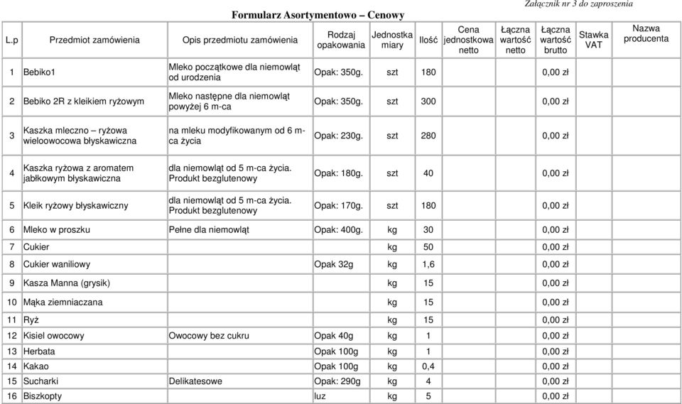 szt 180 0,00 zł Stawka VAT Nazwa producenta 2 Bebiko 2R z kleikiem ryŝowym Mleko następne dla niemowląt powyŝej 6 m-ca Opak: 350g.