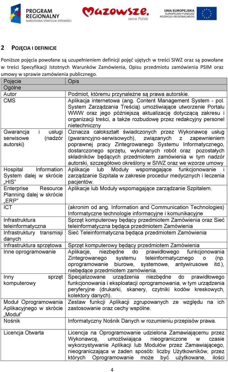 Pojęcie Opis Ogólne Autor CMS Gwarancja i usługi serwisowe (nadzór autorski) Hospital Information System dalej w skrócie HIS Enterprise Resource Planning dalej w skrócie ERP ICT Podmiot, któremu