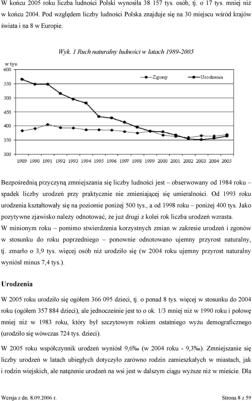 1 Ruch naturalny ludności w latach 1989-2005 Bezpośrednią przyczyną zmniejszania się liczby ludności jest obserwowany od 1984 roku spadek liczby urodzeń przy praktycznie nie zmieniającej się