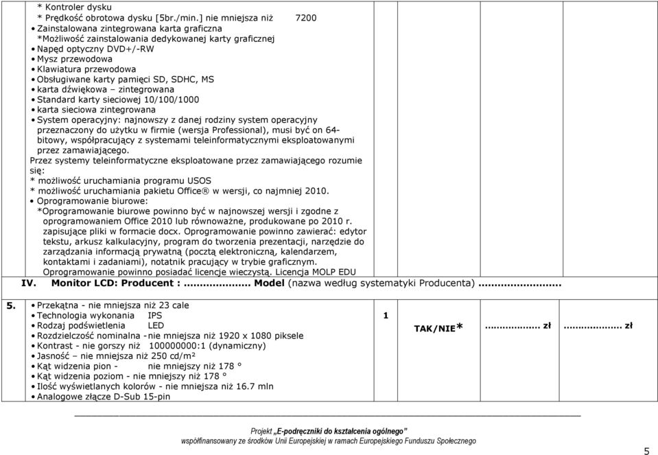 karty pamięci SD, SDHC, MS karta dźwiękowa zintegrowana Standard karty sieciowej 10/100/1000 karta sieciowa zintegrowana System operacyjny: najnowszy z danej rodziny system operacyjny przeznaczony do