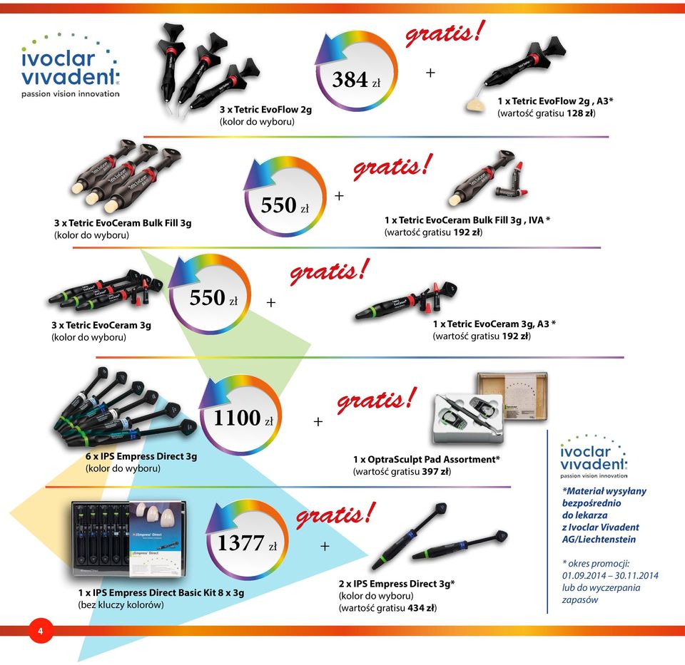 (kolor do wyboru) 1 x IPS Empress Direct Basic Kit 8 x 3g (bez kluczy kolorów) 1377 zł 1 x OptraSculpt Pad Assortment* (wartość gratisu 397 zł) 2 x IPS Empress Direct 3g* (kolor