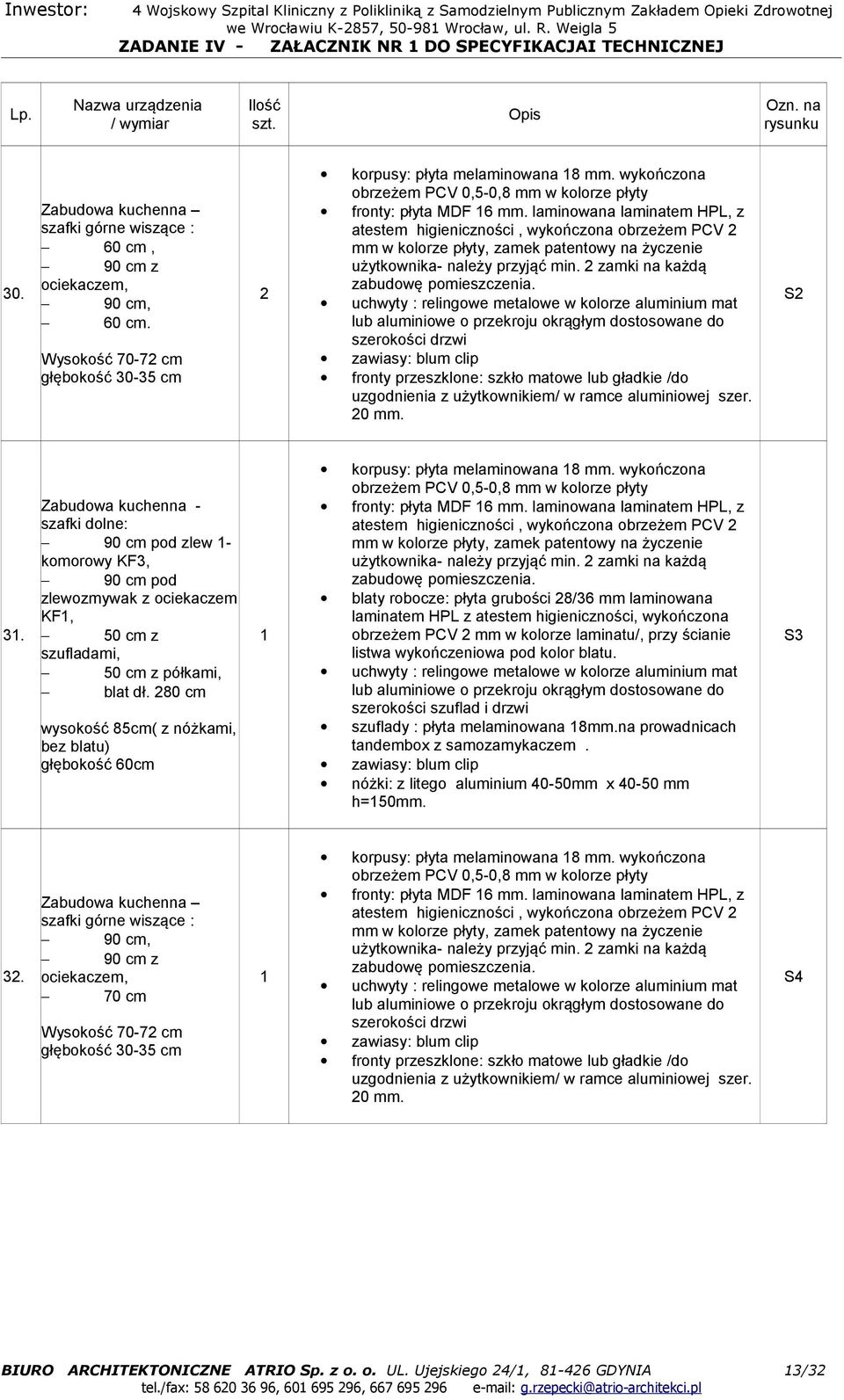 laminowana laminatem HPL, z atestem higieniczności, wykończona obrzeżem PCV 2 mm w kolorze płyty, zamek patentowy na życzenie użytkownika- należy przyjąć min. 2 zamki na każdą zabudowę pomieszczenia.