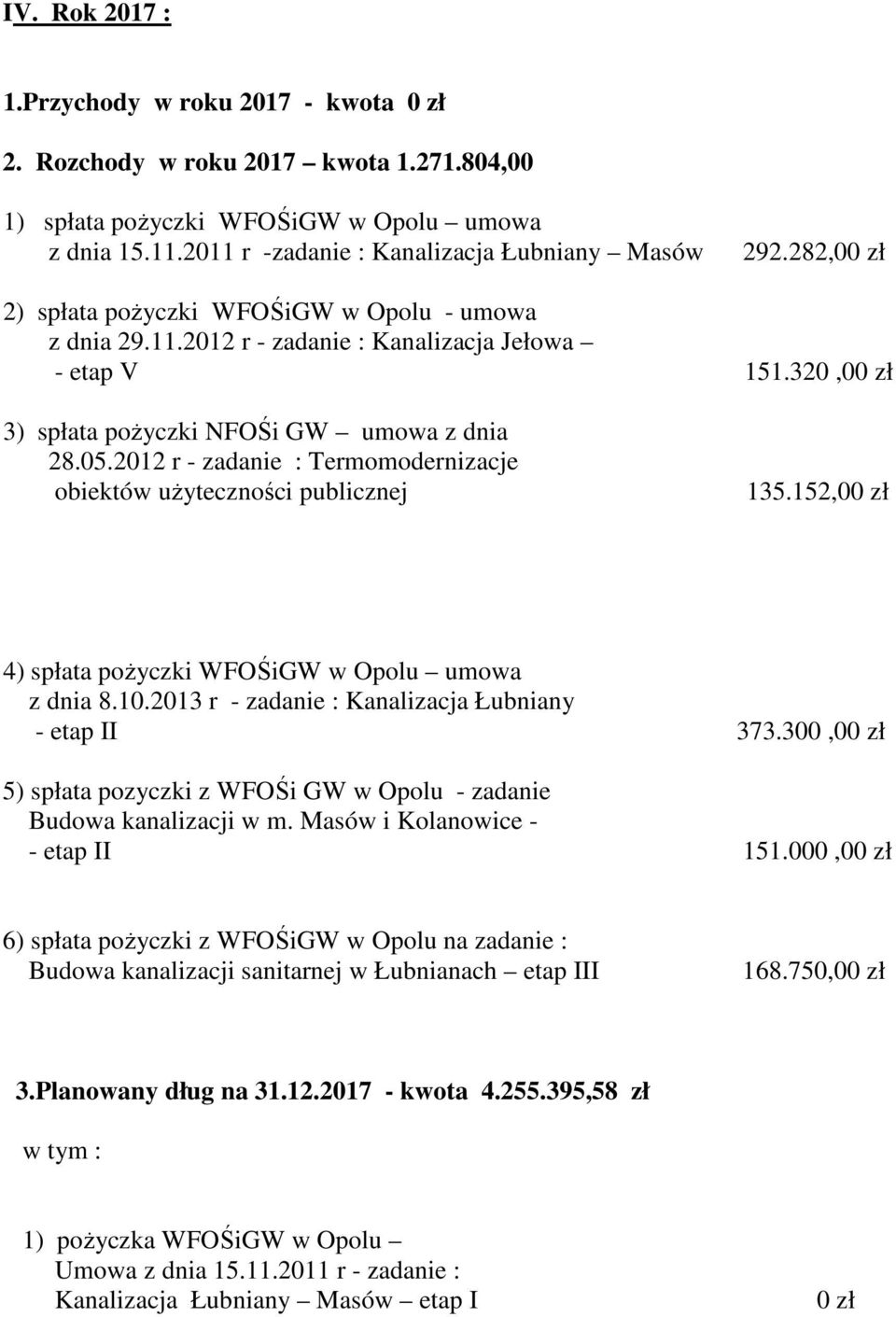 2012 r - zadanie : Termomodernizacje obiektów 135.152,00 zł 4) spłata pożyczki WFOŚiGW w Opolu umowa z dnia 8.10.2013 r - zadanie : Kanalizacja Łubniany - etap II 373.