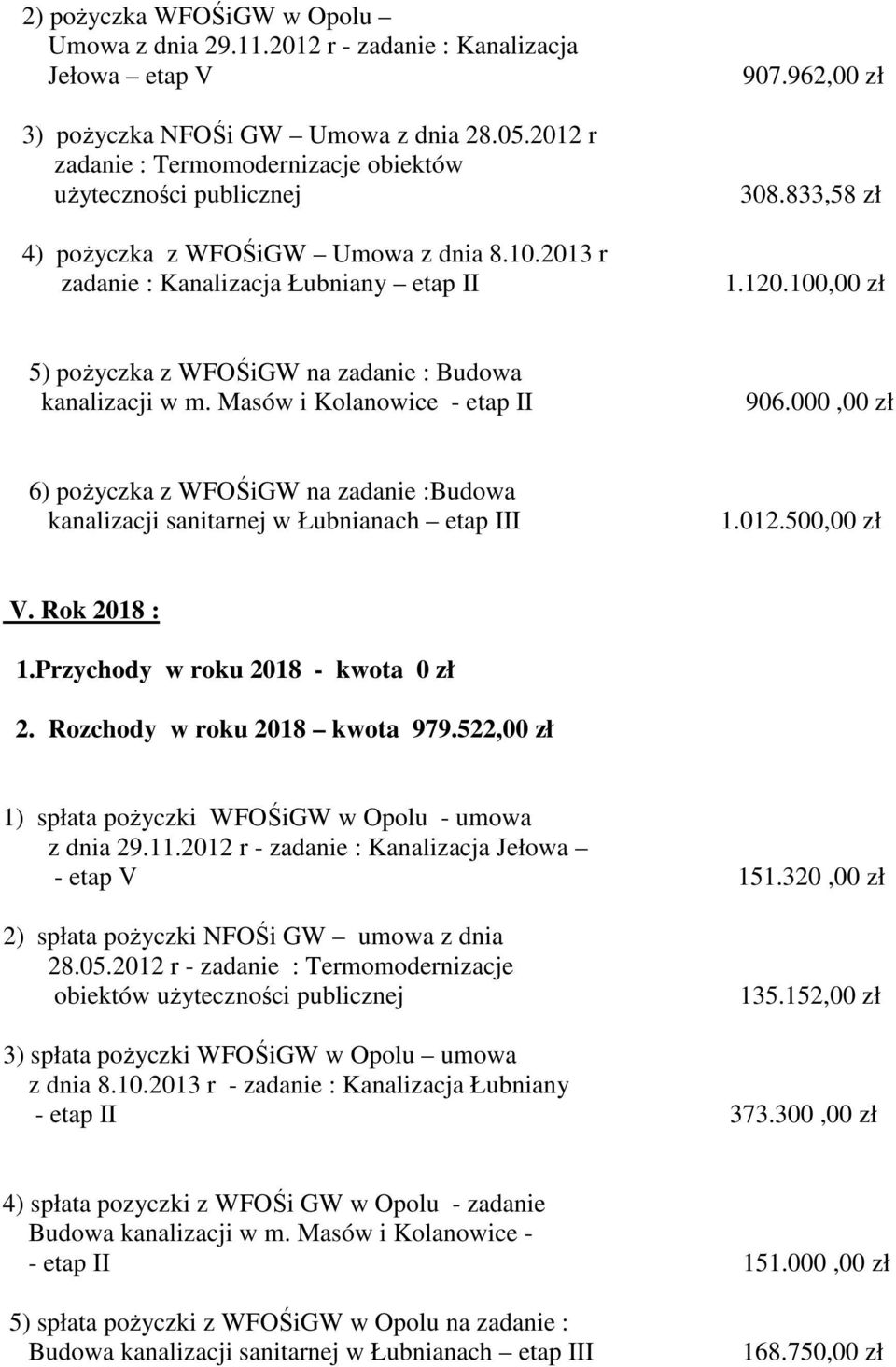 Rozchody w roku 2018 kwota 979.522,00 zł 1) spłata pożyczki WFOŚiGW w Opolu - umowa 2) spłata pożyczki NFOŚi GW umowa z dnia 28.05.2012 r - zadanie : Termomodernizacje obiektów 135.