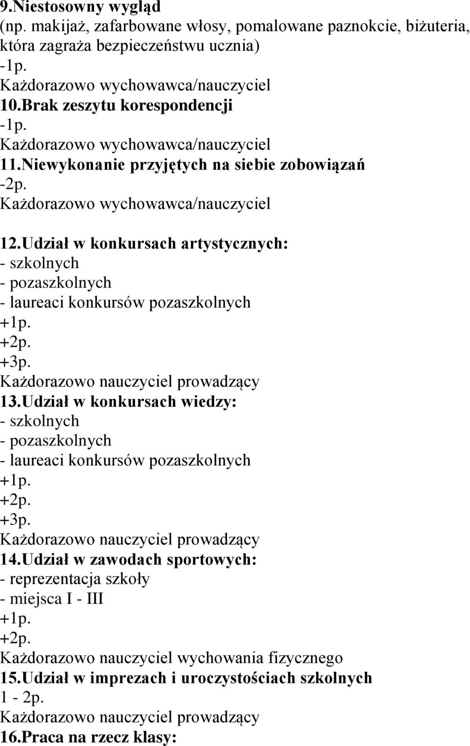 Każdorazowo nauczyciel prowadzący 13.Udział w konkursach wiedzy: - szkolnych - pozaszkolnych - laureaci konkursów pozaszkolnych +3p. Każdorazowo nauczyciel prowadzący 14.