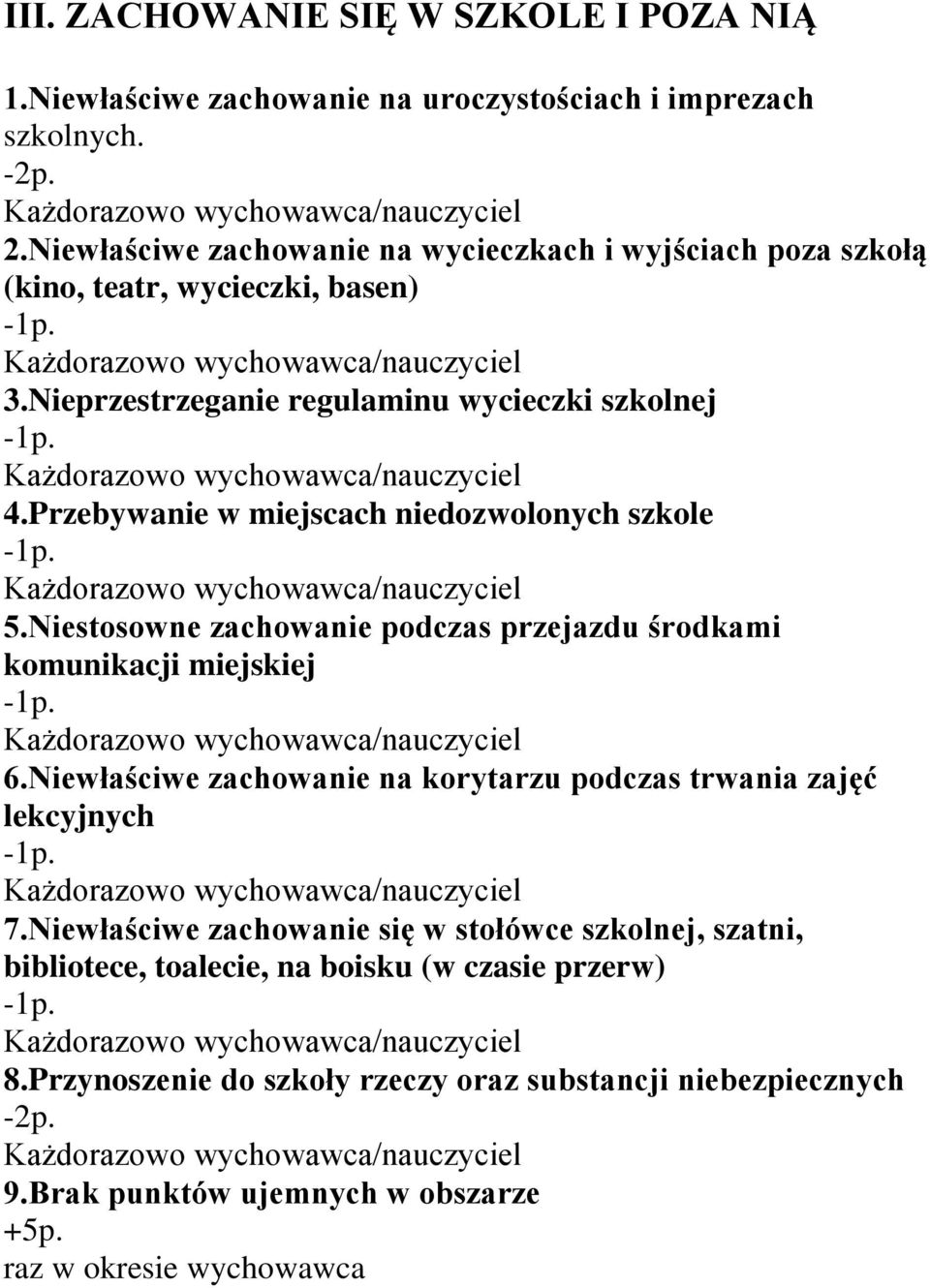 Przebywanie w miejscach niedozwolonych szkole 5.Niestosowne zachowanie podczas przejazdu środkami komunikacji miejskiej 6.