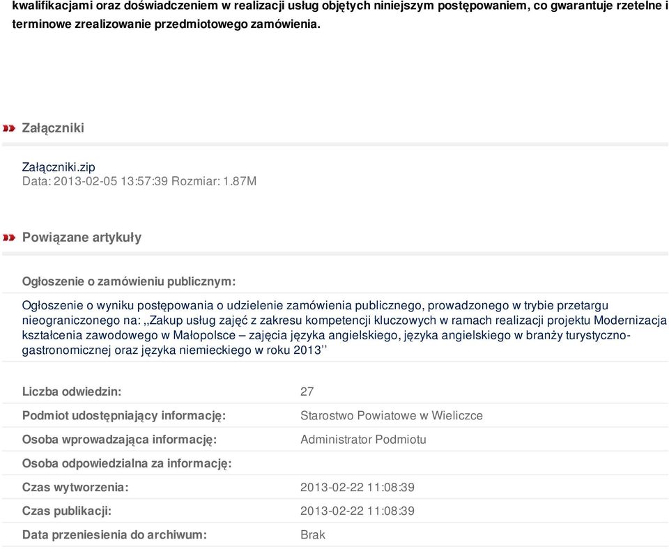 zajęć z zakresu kompetencji kluczowych w ramach realizacji projektu Modernizacja kształcenia zawodowego w Małopolsce zajęcia języka angielskiego, języka angielskiego w branży